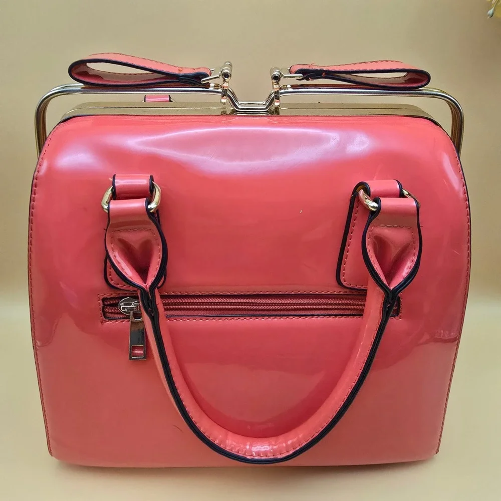 Coral Pink Patent Faux Leather Doctor Bag Satchel Leopard Print Lining Vintage